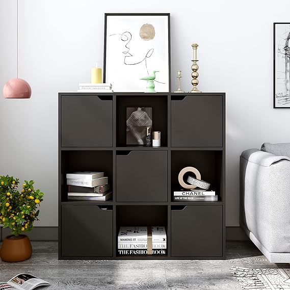 9-Cube Storage Shelf Bookcase - Wooden 3-Tier Floor Standing Open Bookshelf