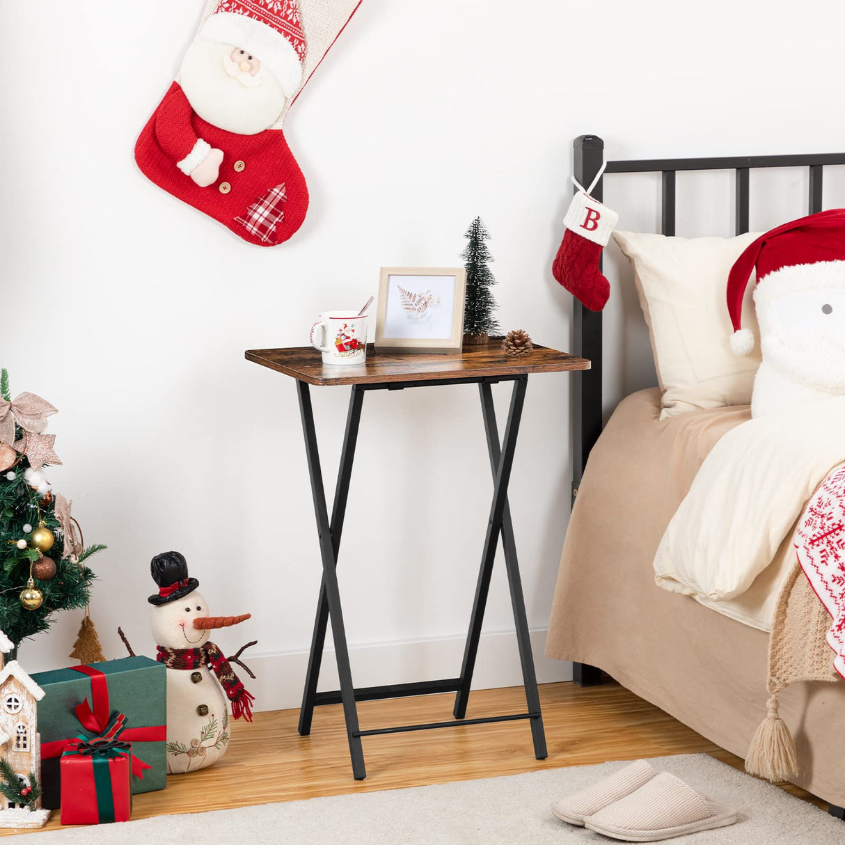 Rustic Brown Folding TV Tray Table – Metal Frame Snack Table