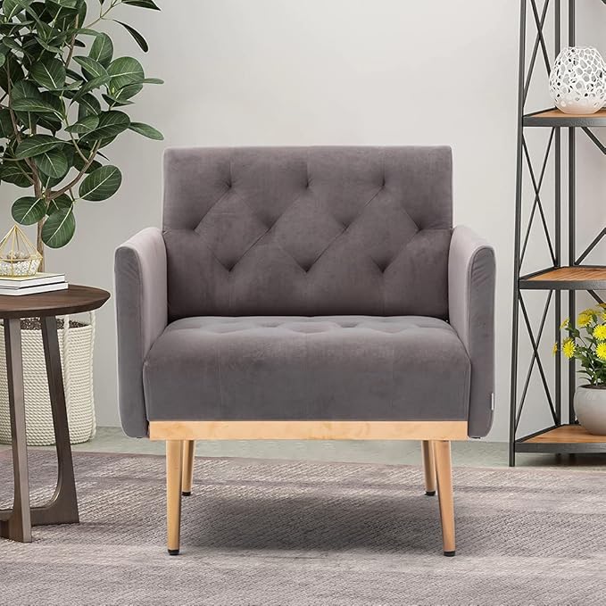 Modern Velvet Single Sofa Chair, Upholstered Accent Living Room Chair, Comfy Armchair with Rose Golden Metal Legs, Tufted Chair for Reading or Lounging (Pink)