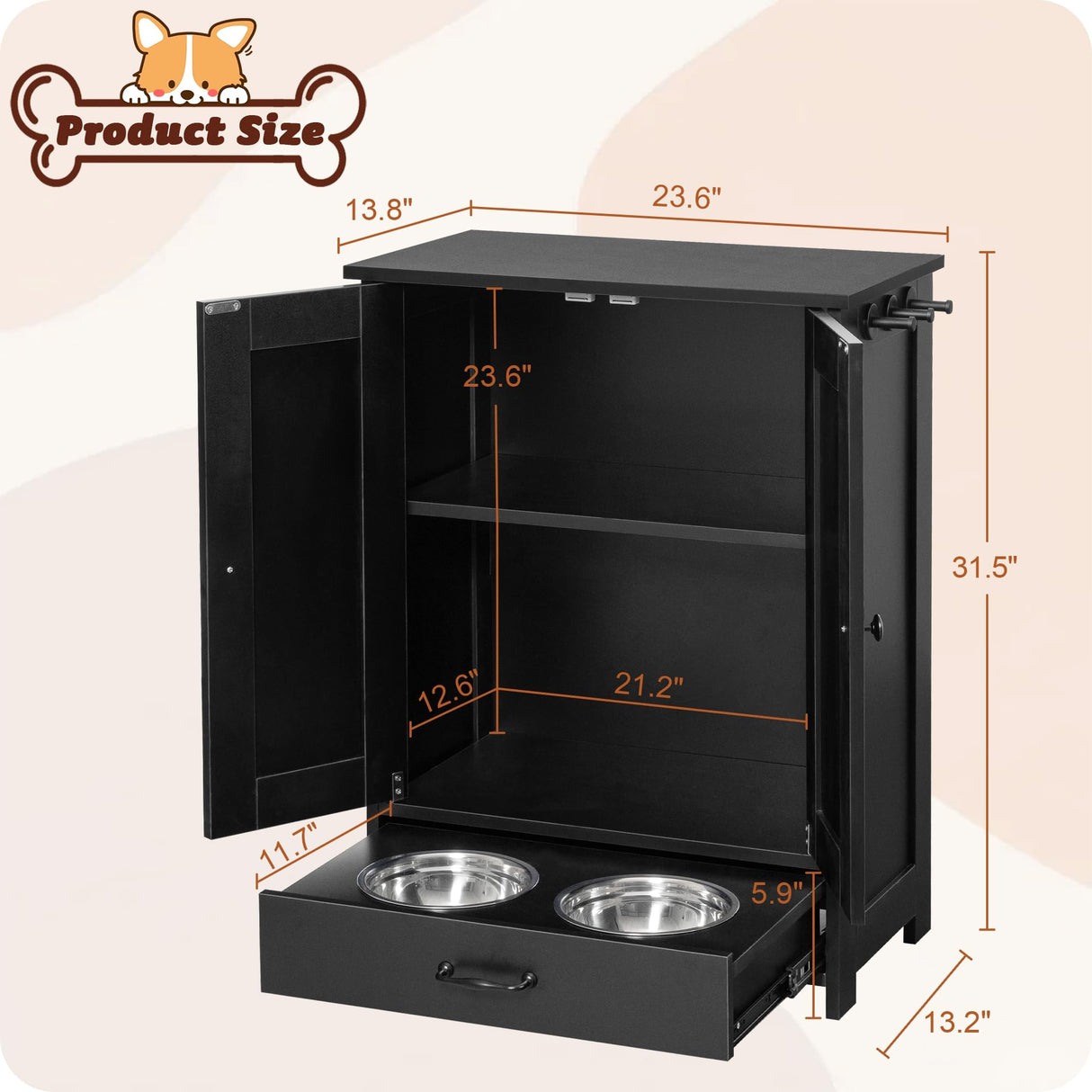 Dog Feeding Station with Storage Cabinet and 2 Elevated Bowls - Black