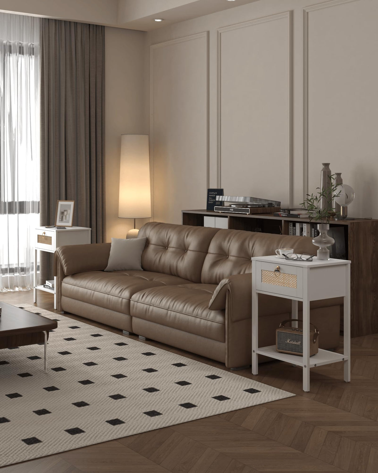 JOONEE Rattan Nightstand,White Modern Farmhouse Bedside Table with Storage Drawer and Shelf