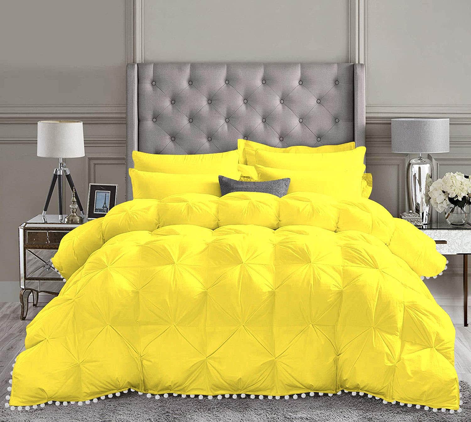 1 Piece White Pom Pom Pinch Pleated Comforter | 1000 Thread Count 100% Egyptian Cotton