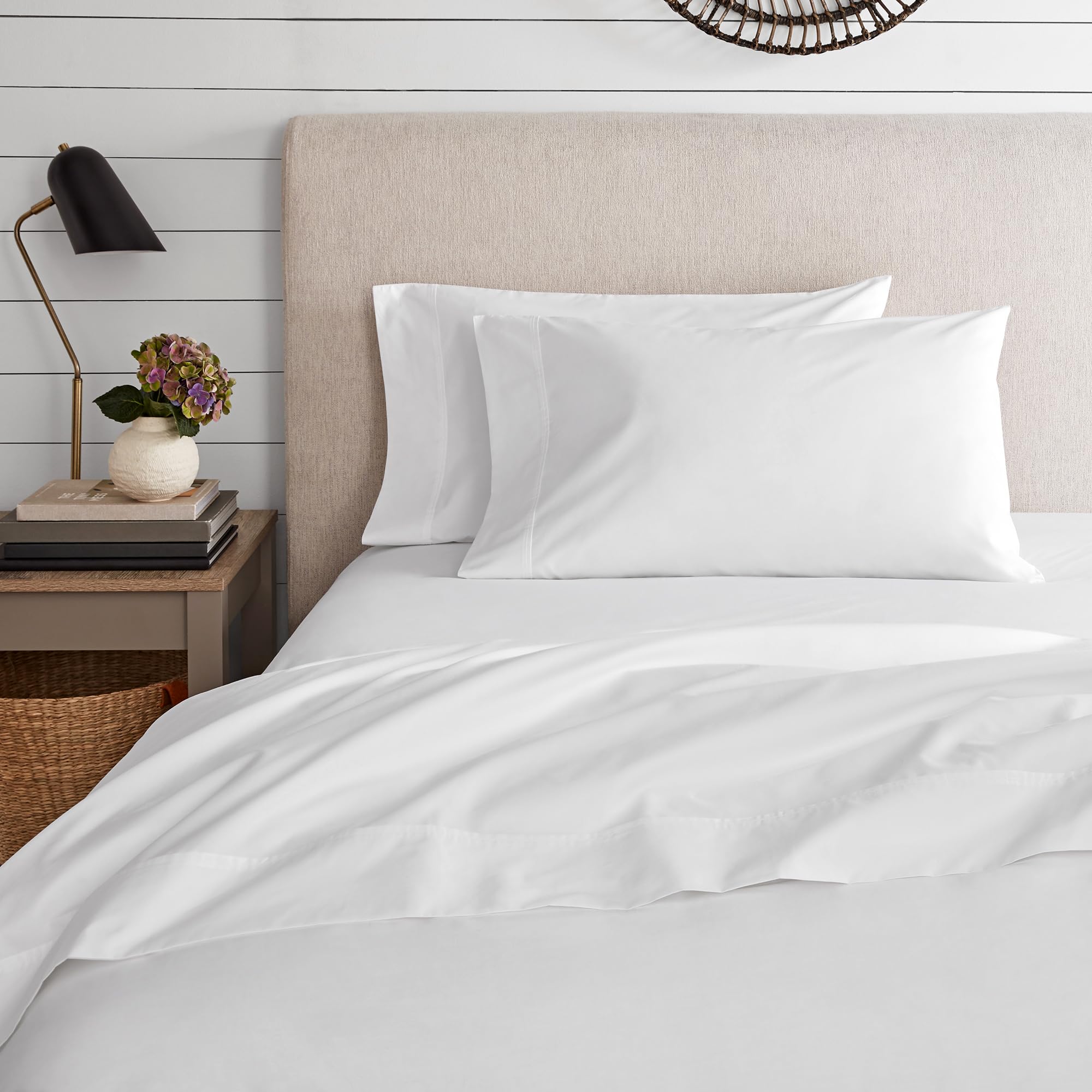 100% Cotton Sheets, White Queen Bed, 400 Thread Count Percale Weave Cooling Sheets,