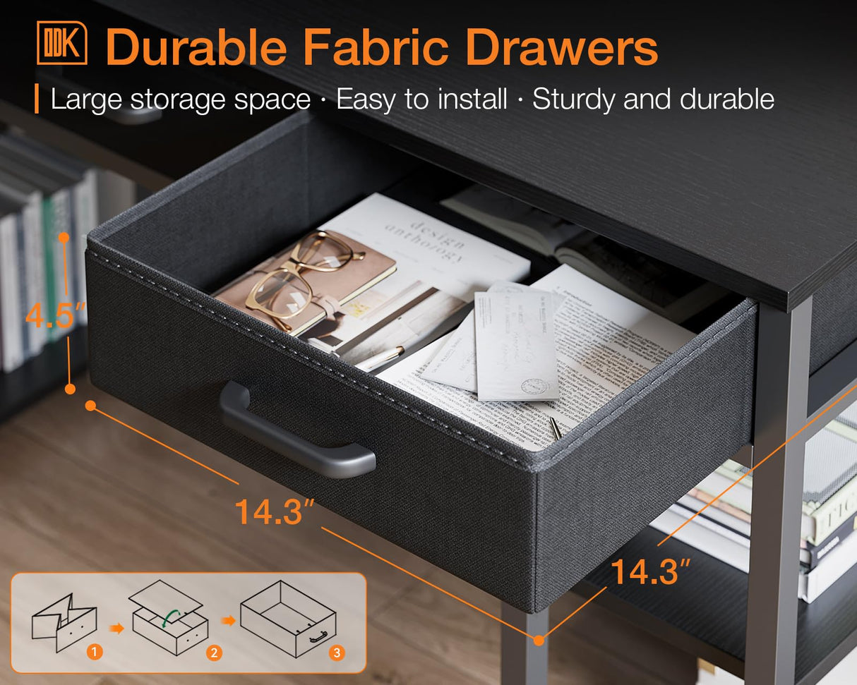 Small Computer Desk: Home Table with Fabric Drawers & Storage Shelves, Modern Writing Desk, Black, 48"x16"