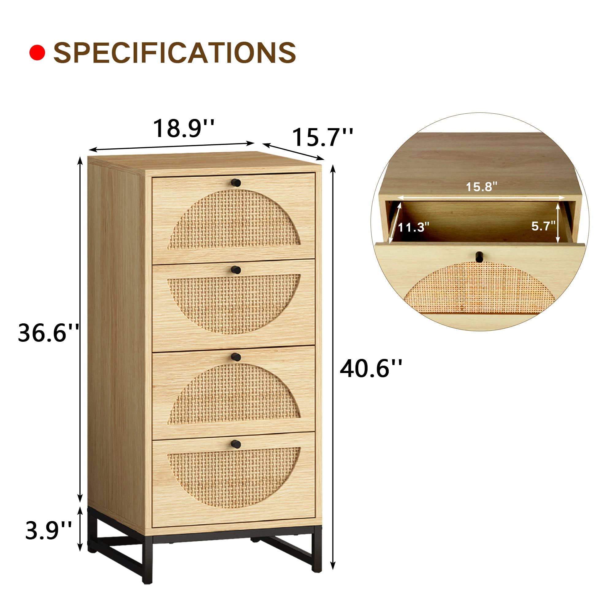4 Drawer Rattan Dresser with Metal Legs - Natural Oak Storage Cabinet for Bedroom