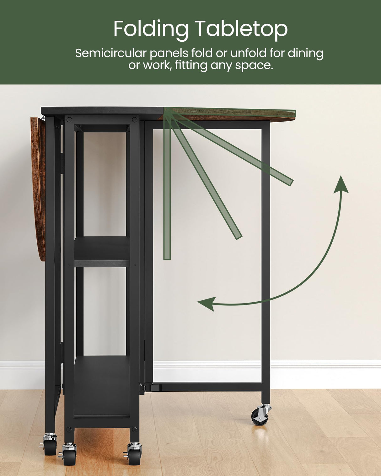 Folding Dining Table with Wheels and Storage Shelf