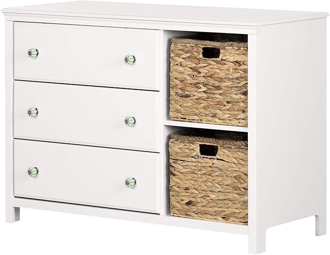 Cotton Candy 3-Drawer Dresser with Baskets Pure White and Rustic Oak, Coastal
