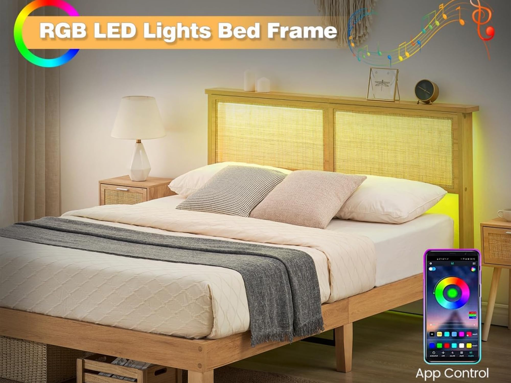 GarveeHome Rattan Bed Frame Queen, Natural Rattan Headboard Queen Bed Frame with Led Lights, Noise-Free Platform Bed Frame with Wooden Support Legs and Slats, Easy Assembly, No Box Spring Needed