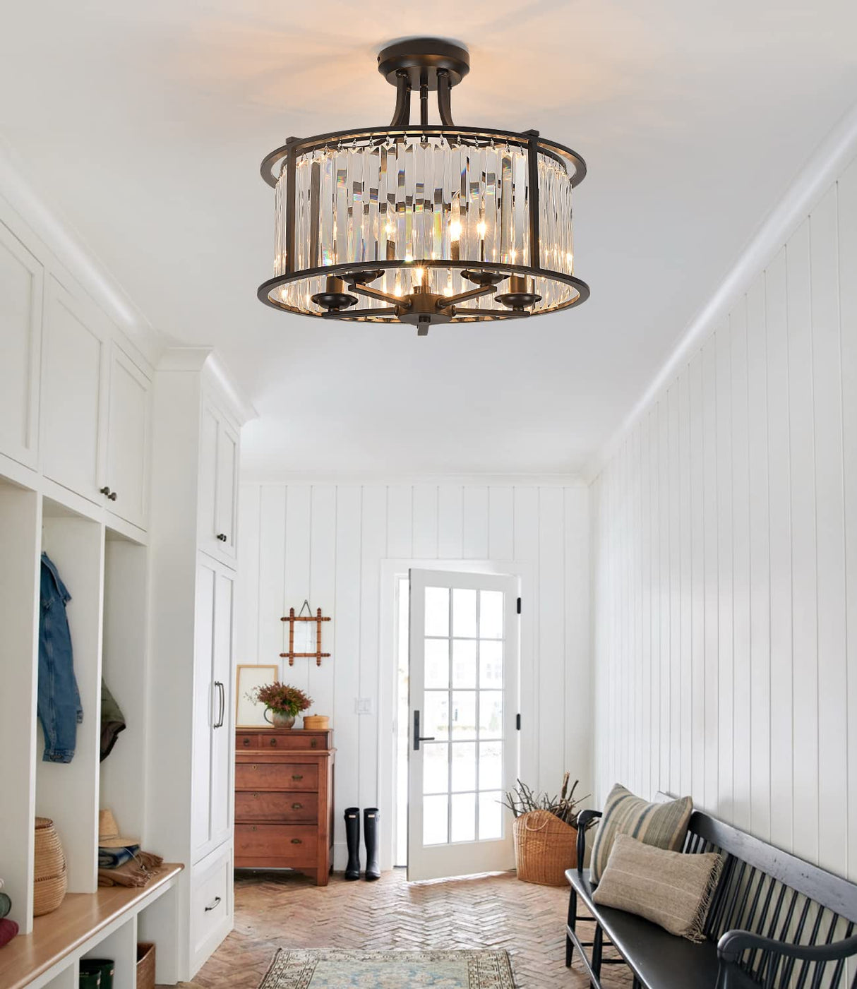 5-Light Black Semi Flush Mount Crystal Chandelier Metal Modern Ceiling Light