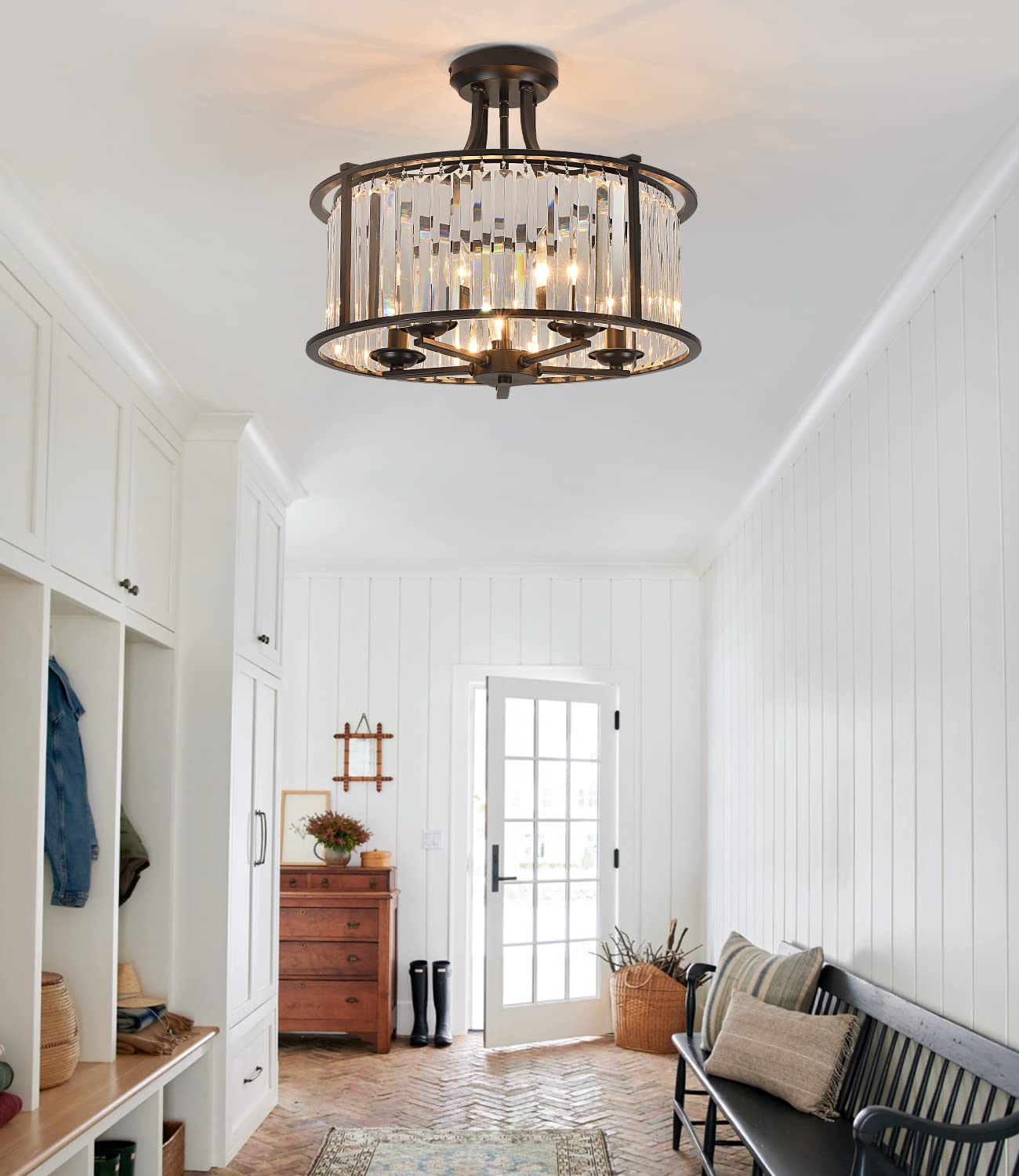 5-Light Black Semi Flush Mount Crystal Chandelier Metal Modern Ceiling Light