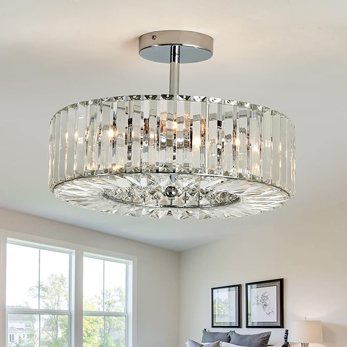 4 Lights Modern Crystal Chandelier Black Round Semi Flush Mount