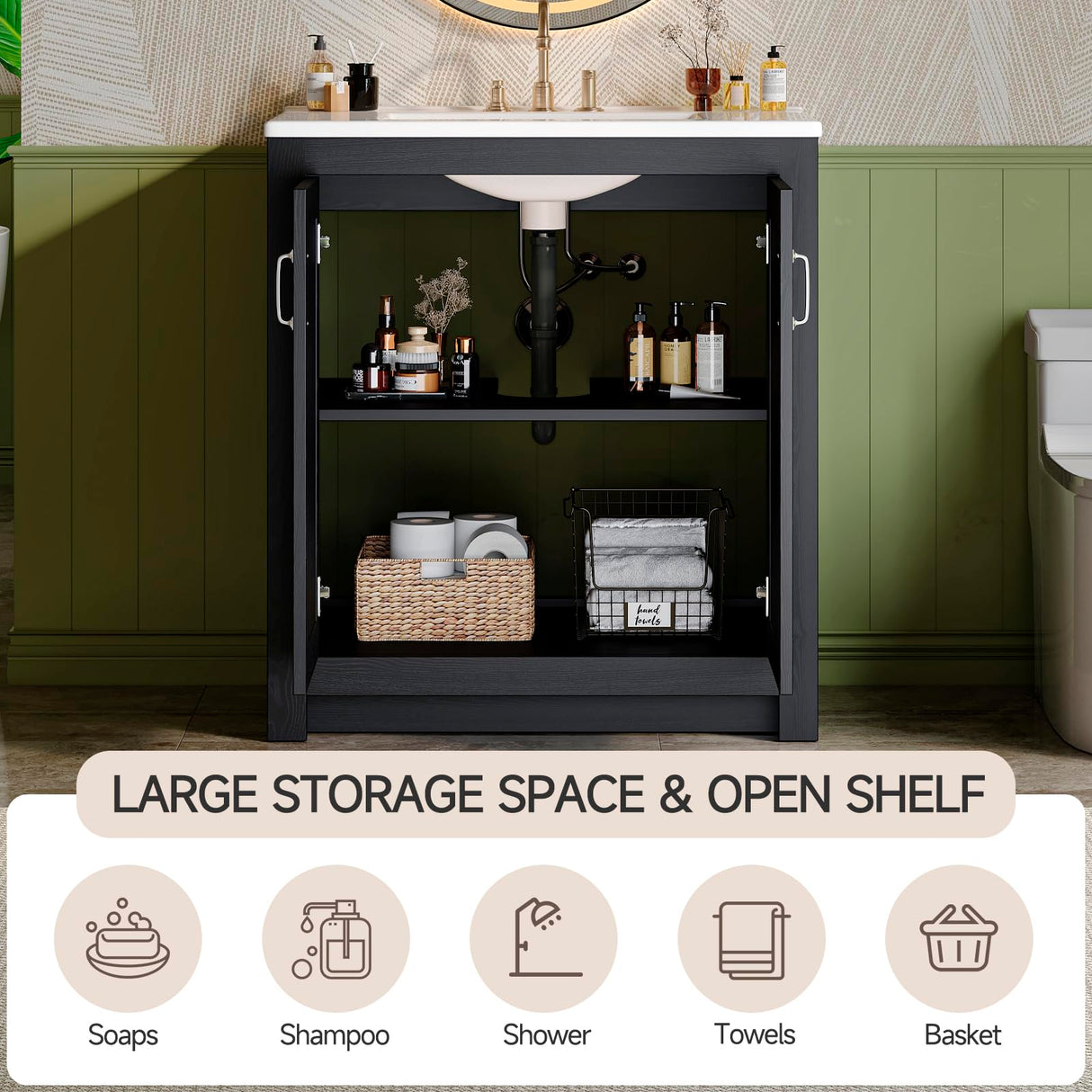 ONBRILL Farmhouse Bathroom Vanity with Sink, Freestanding Bathroom Vanities with Ceramic Basin & Soft-Close Door, Wood Storage Cabinet with Adjustable Shelf for Apartment & Small Space (Black, 30")