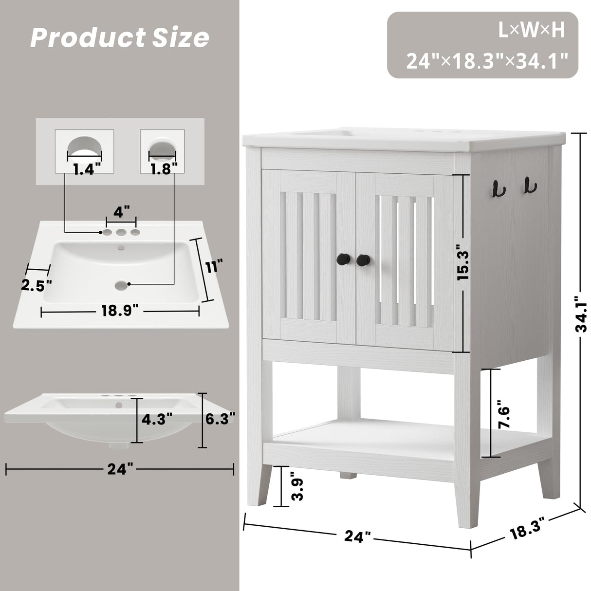 24 Inch Small Bathroom Vanity with Ceramic Sink Compact All-in-One Design & Soft-Close Hinge
