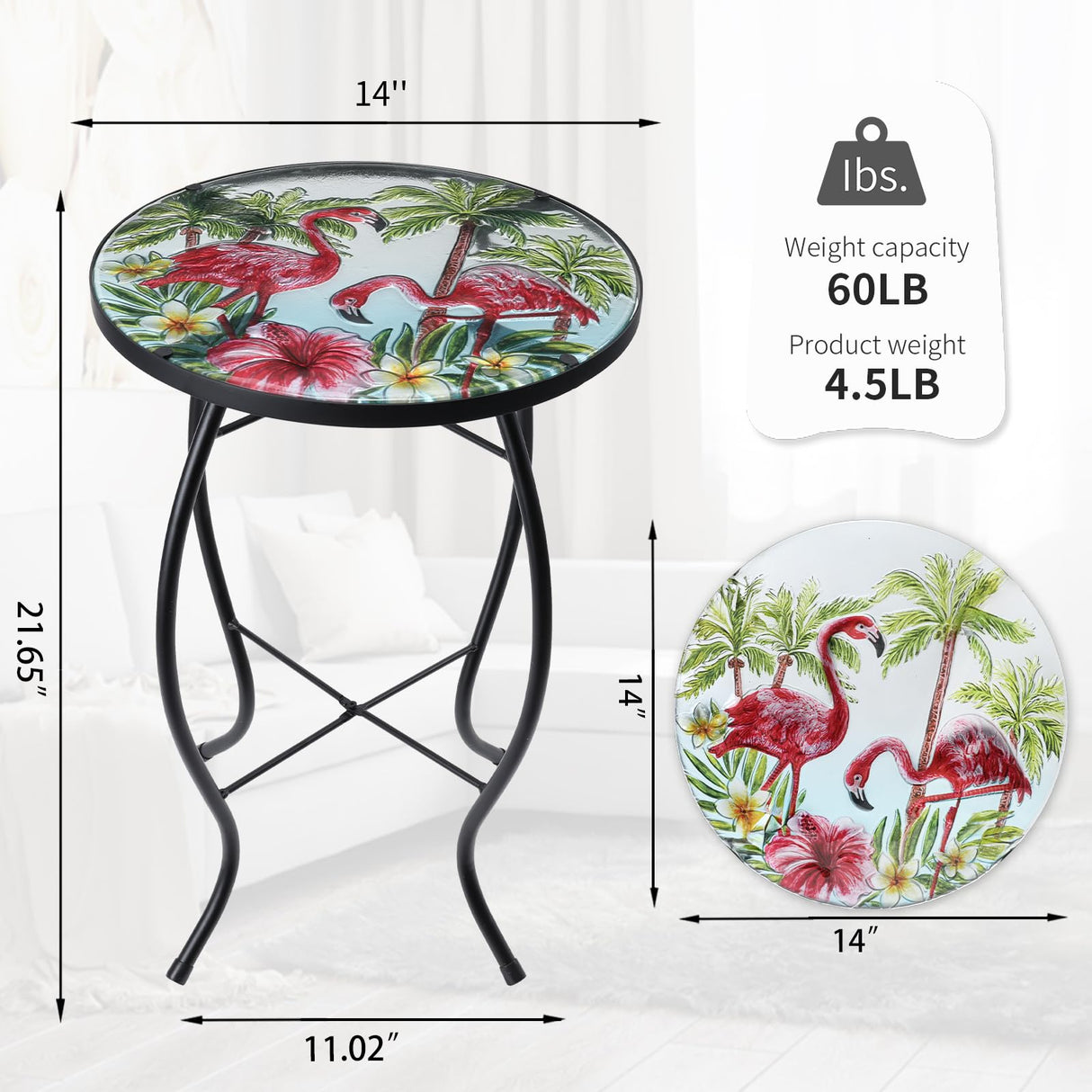 VCUTEKA Patio Side Table Outdoor Accent Table Small Mosaic Table Coffee Table End Table Porch Table Indoor Outdoor Round Glass Balcony Bistro Plant Stands Three Flamingos 14 inches - Bircata