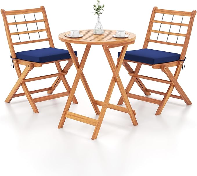 3 Piece Patio Wood Bistro Set, Folding Table Chair Set w/Soft Seat Cushions