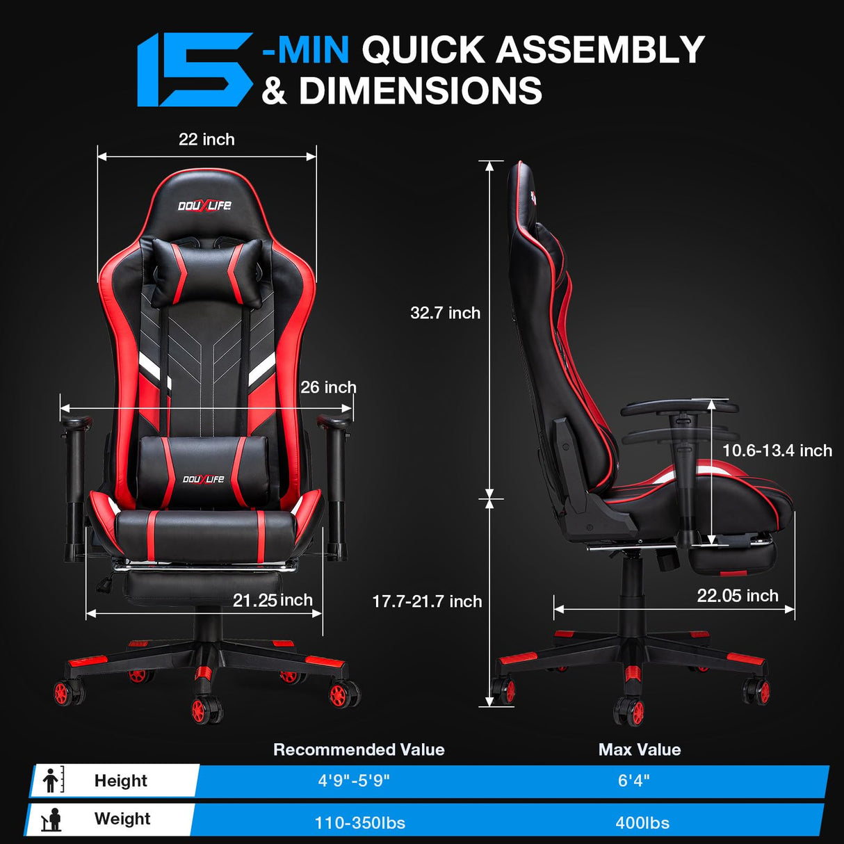 Ergonomic Gaming Chair with Footrest - Height Adjustable Racing Style Office Chair
