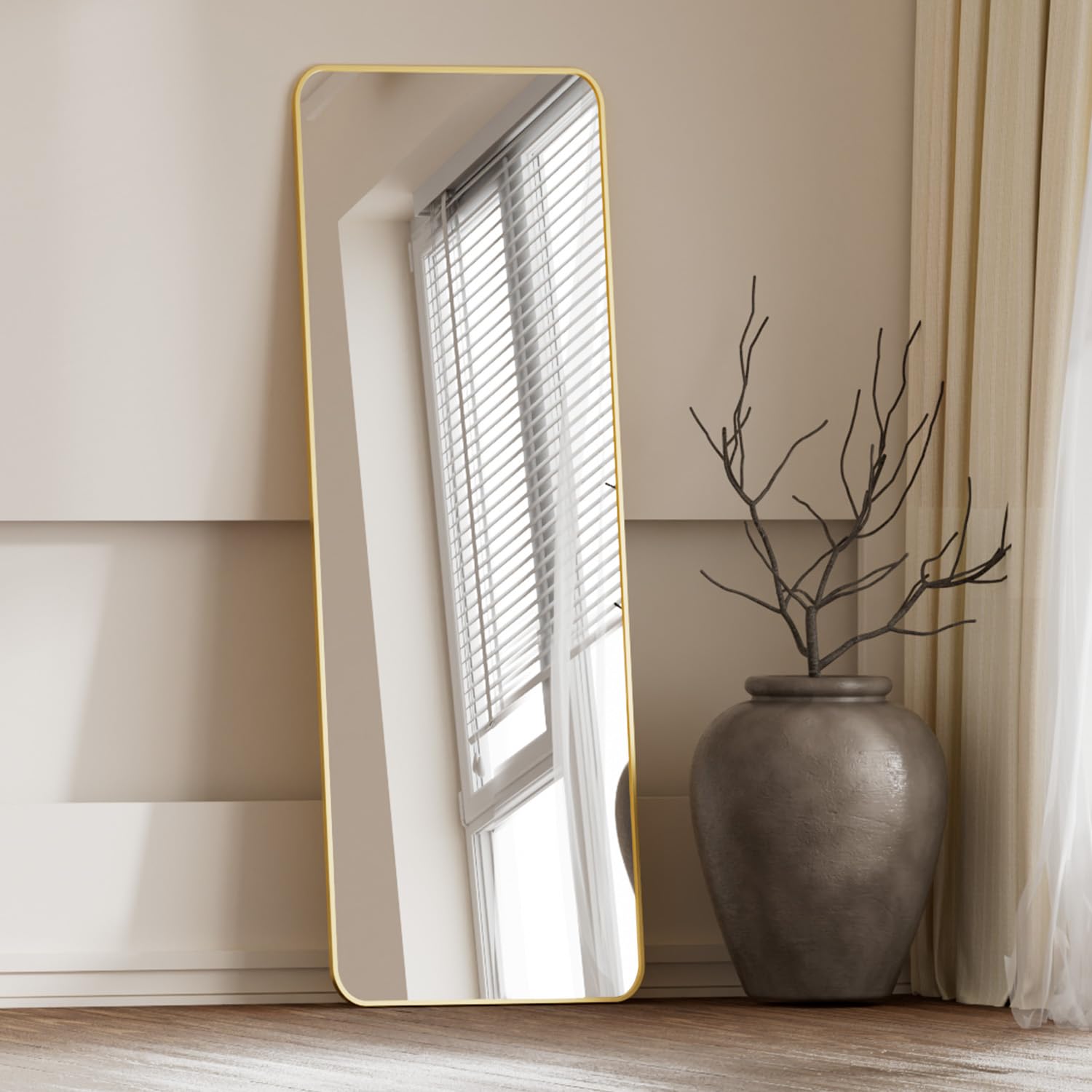 Gold Floor Mirror Full Length, 59"x16" Rounded Corner Full Length Mirror with Stand