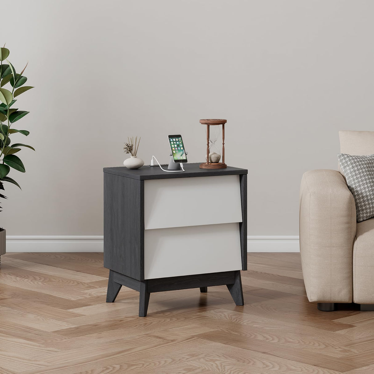 Nightstands Set of 2, Mid-Century End Side Table with Beveled Drawers & Charging Station