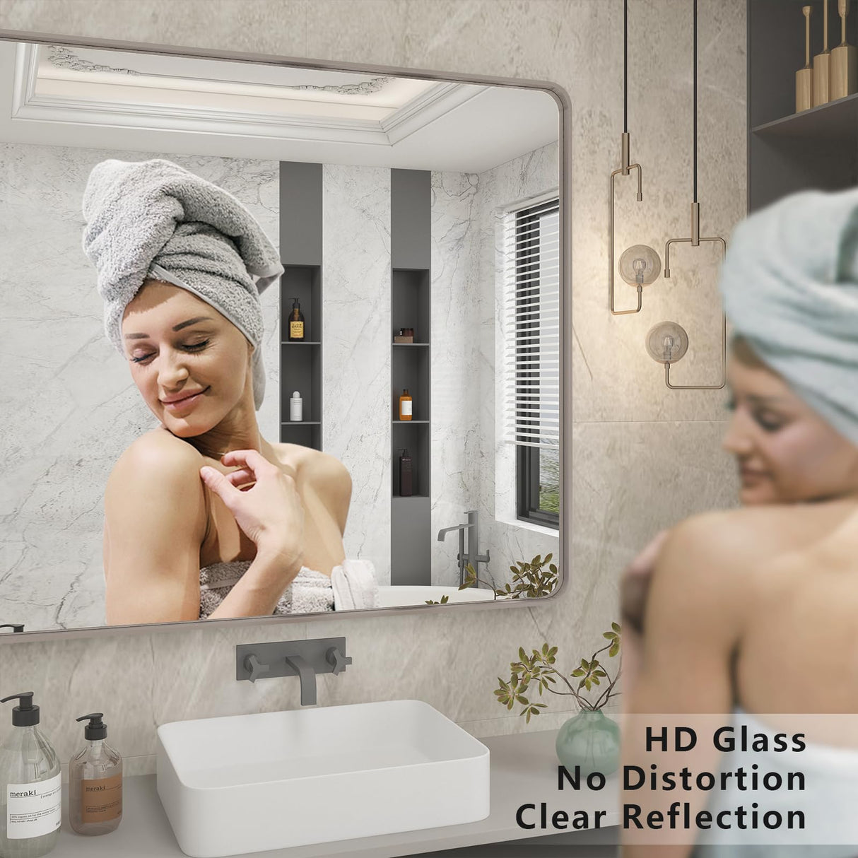 Silver Brushed Bathroom Mirror for Wall, Brushed Silver Metal Framed Bathroom