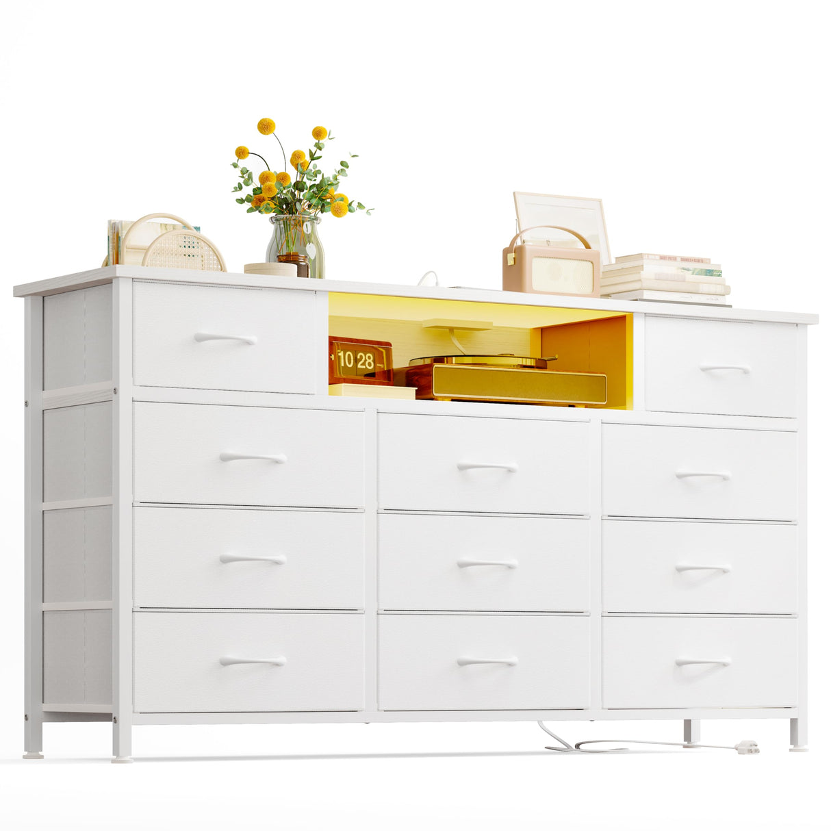 YGEOMER Long Dresser for Bedroom 65inch TV Stand with Charging Station and LED Lights, White Dresser with 11 Drawers, Fabric Chest of Drawers with PU Finish for Bedroom, Entryway