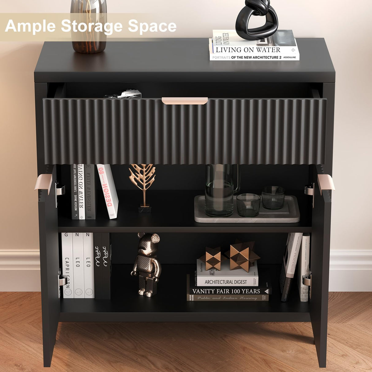 Modern Fluted Black Storage Cabinet with Adjustable Shelf