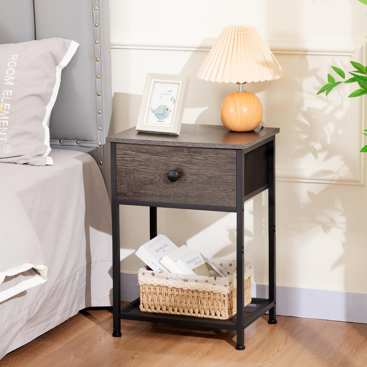 Night Stand Set 2, Nightstand with Fabric Drawer, Industrial End Tables Living Room