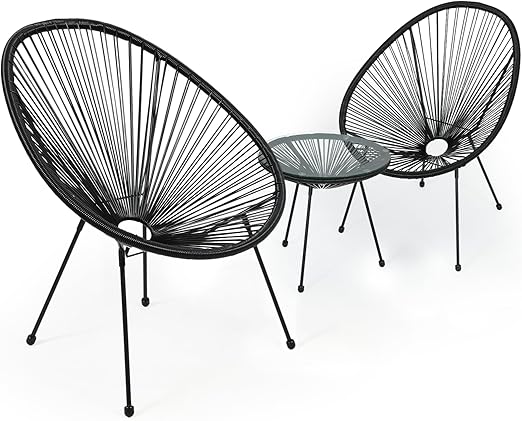 3-Piece Outdoor Acapulco Chair Set with Glass Top Table - Modern Woven Patio Bistro Furniture