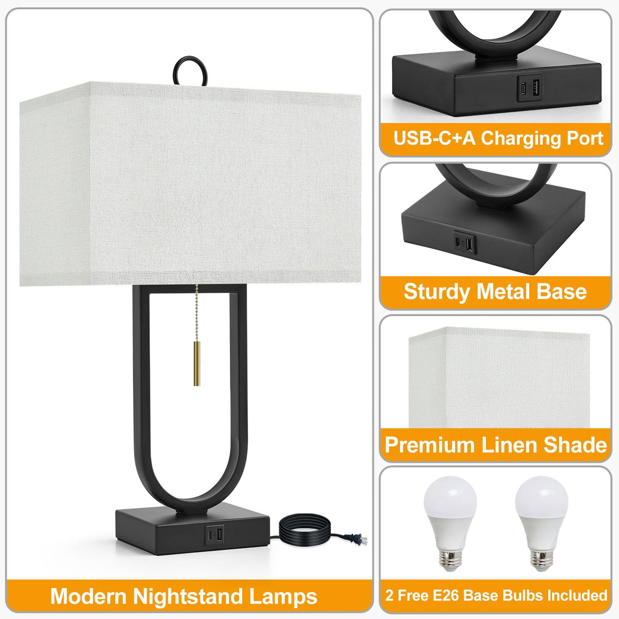 24" Table Lamps Set of 2 with USB Ports & Adjustable Color Temperature