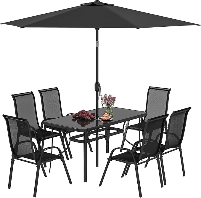 8 Pieces Patio Table and Chairs Set with 9 Ft Patio Umbrella, Outdoor Dining Set