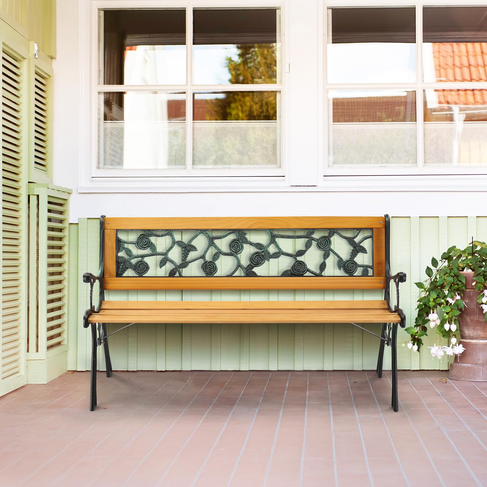 Outdoor Bench Metal Garden Bench, Wood Patio Benches