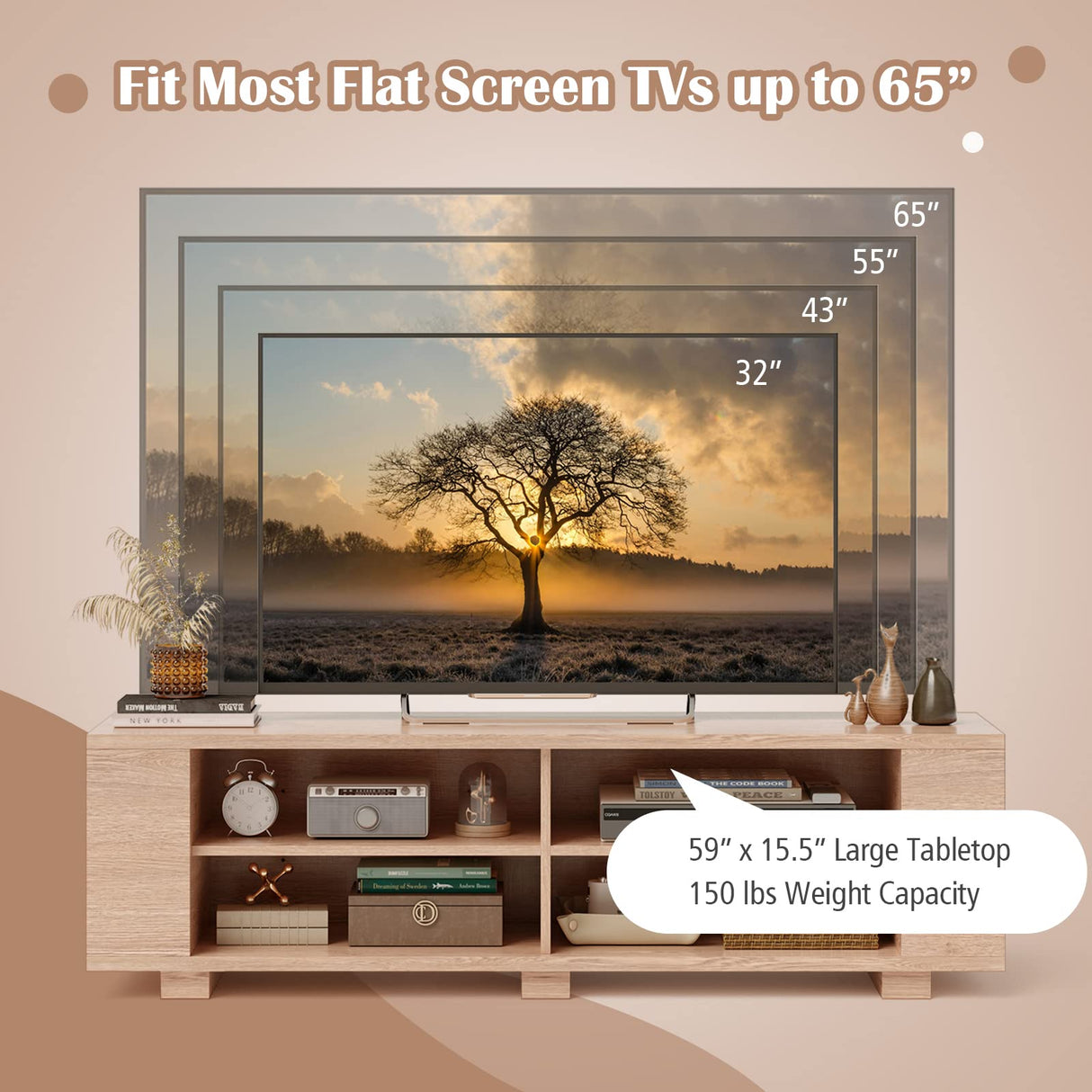 Wood TV Stand for TVs up to 65 Inch Flat Screen, Modern Entertainment Center