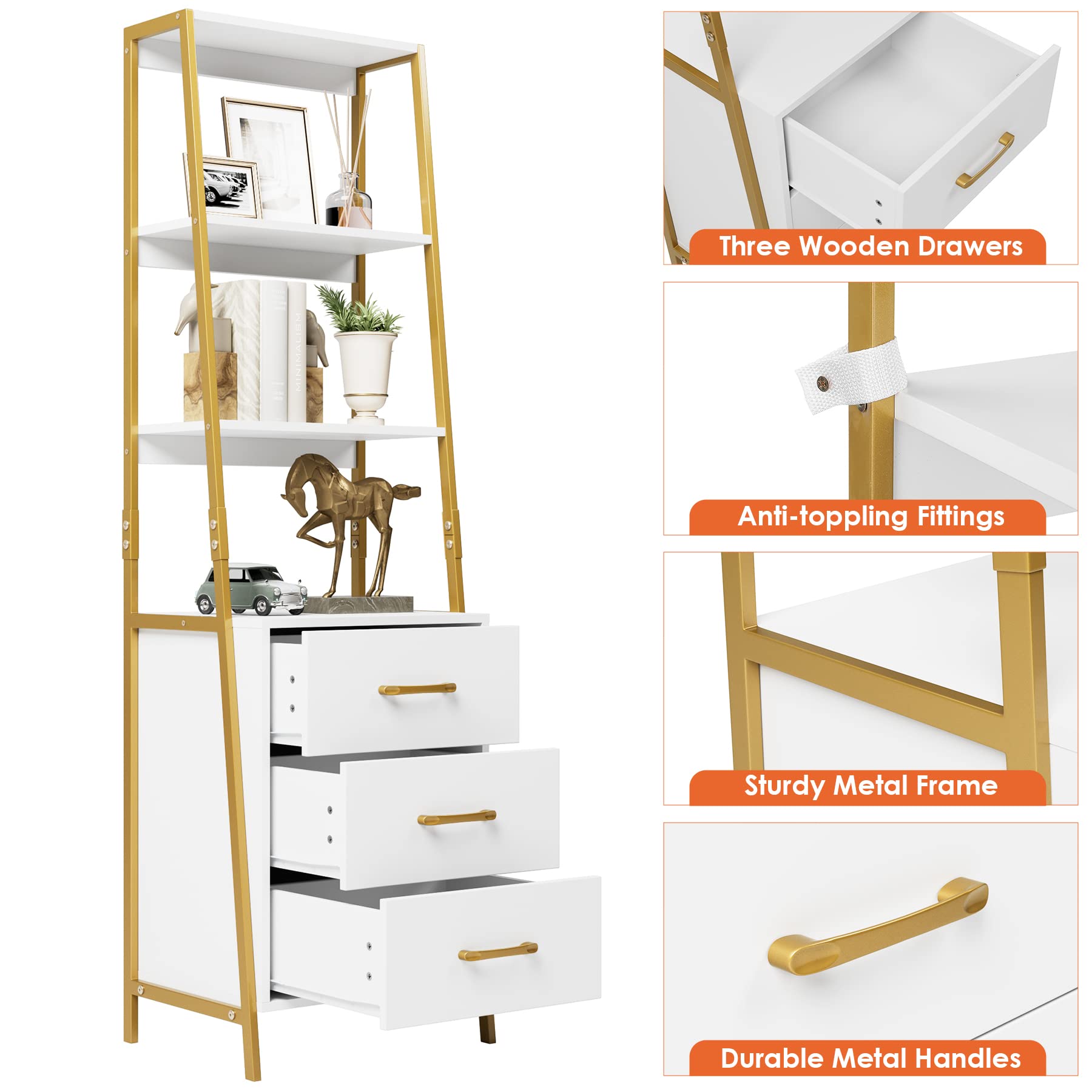 4-Tier Bookshelf, Tall Bookcase with 3 Wooden Drawers, Modern Ladder Book Shlef Storage Organizer for Living Room, Entryway, Office, White Gold
