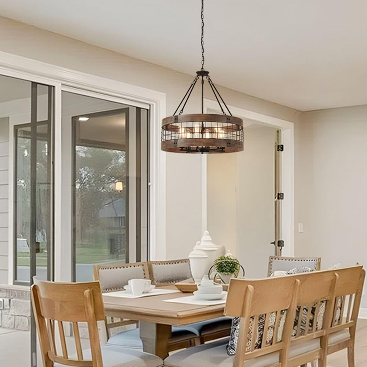 LamQee 24 Inch Farmhouse Dining Room Light Fixture, 6 Lights Modern Farmhouse Chandelier with Wood and Black Metal Shade, Large Rustic Chandeliers Hanging Pendant Lighting for Kitchen Entryway Foyer