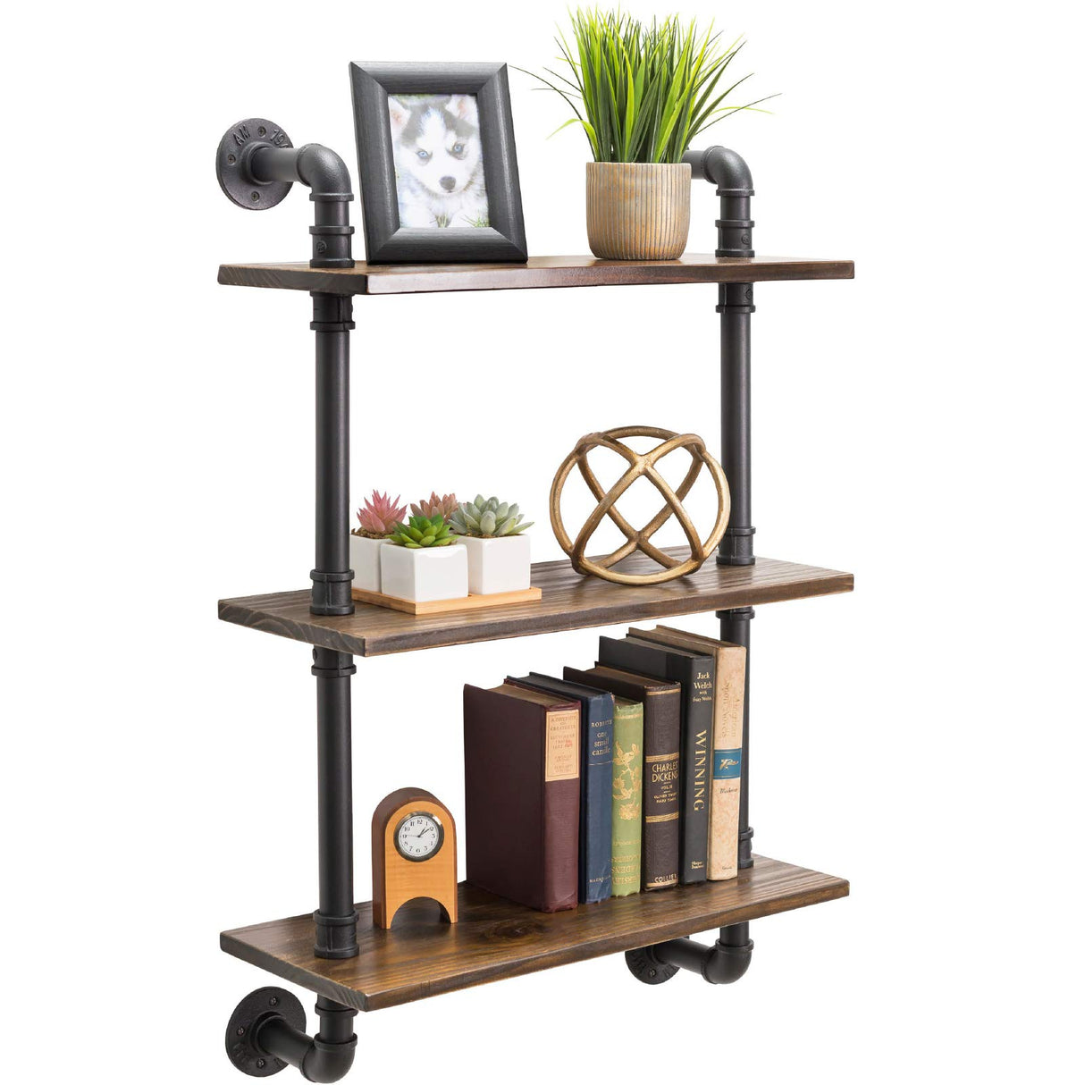 3-Tier Rustic Wooden Wall Floating Shelf Display 24"x36" With Iron Pipe For Kitchen