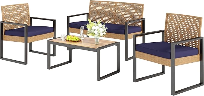 4 Pieces Patio Conversation Set, Wicker Outdoor Furniture Set for 4