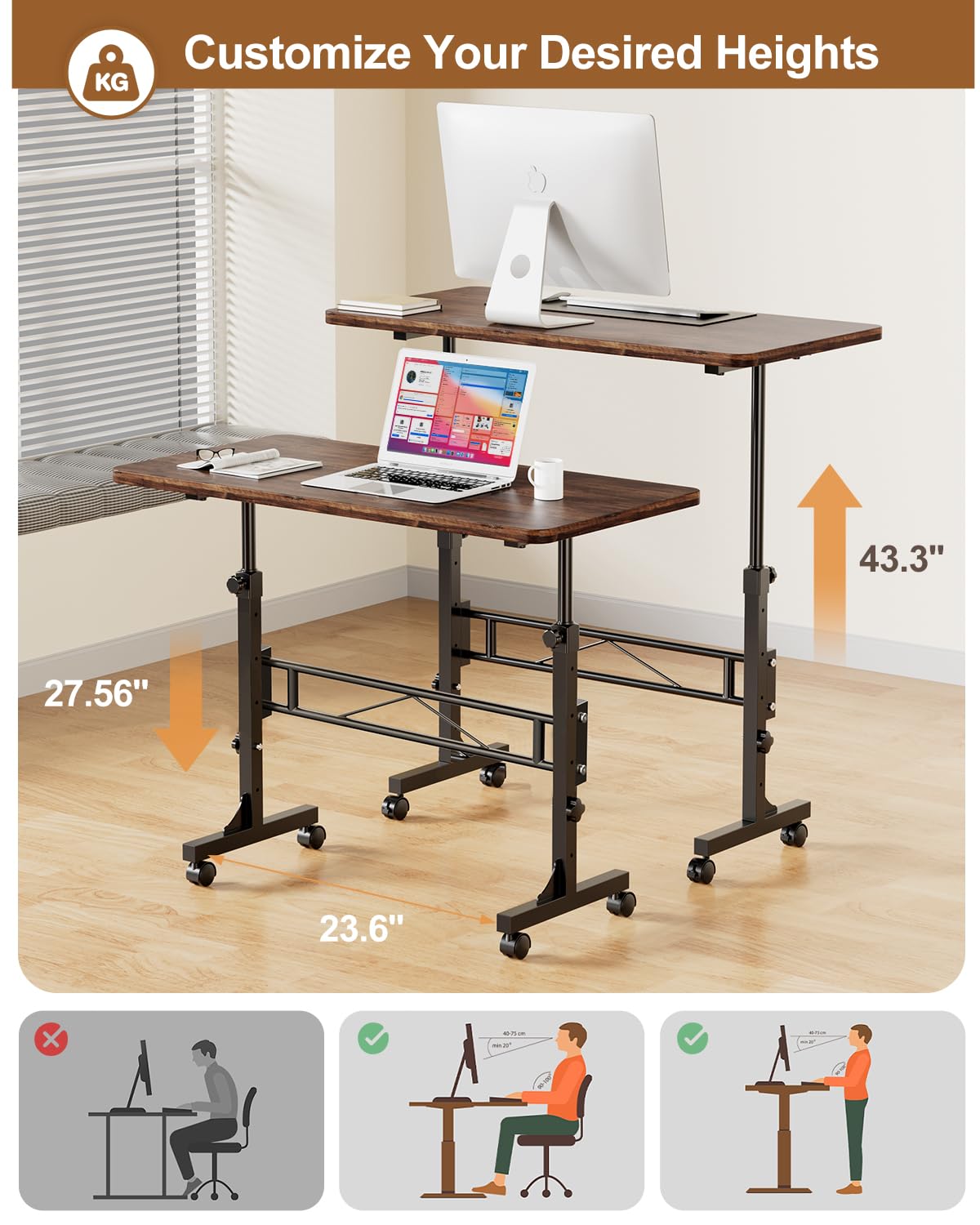 Small Standing Desk Adjustable Height, Mobile Stand up Desks with Wheels, 32 Inch Portable Rolling Small Computer Desks, Portable Laptop Desk Wood Rustic