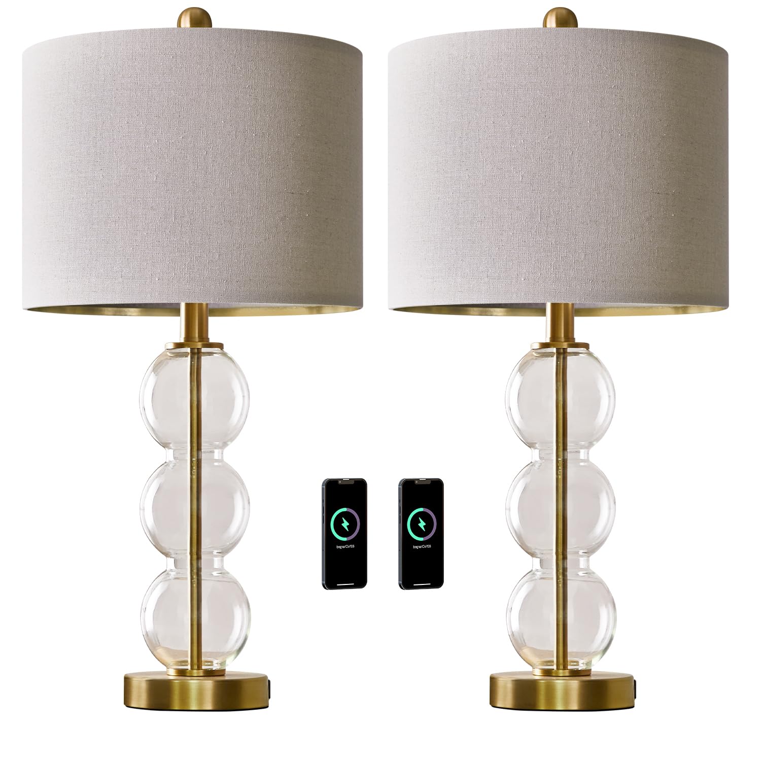 USumkky 24'' Glass Table Lamps Set of 2 for Bedroom Living Room,Gold Glass Bedside Lamps for Nightstands with USB Ports and AC Outlets(Bulbs not Included)