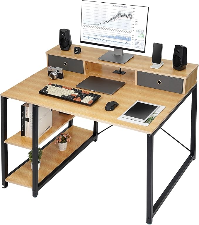 47”x 31.5” Computer Desk with Drawers, Monitor Stand, Storage Shelf, 3-Port Charging Station (Rustic Brown)