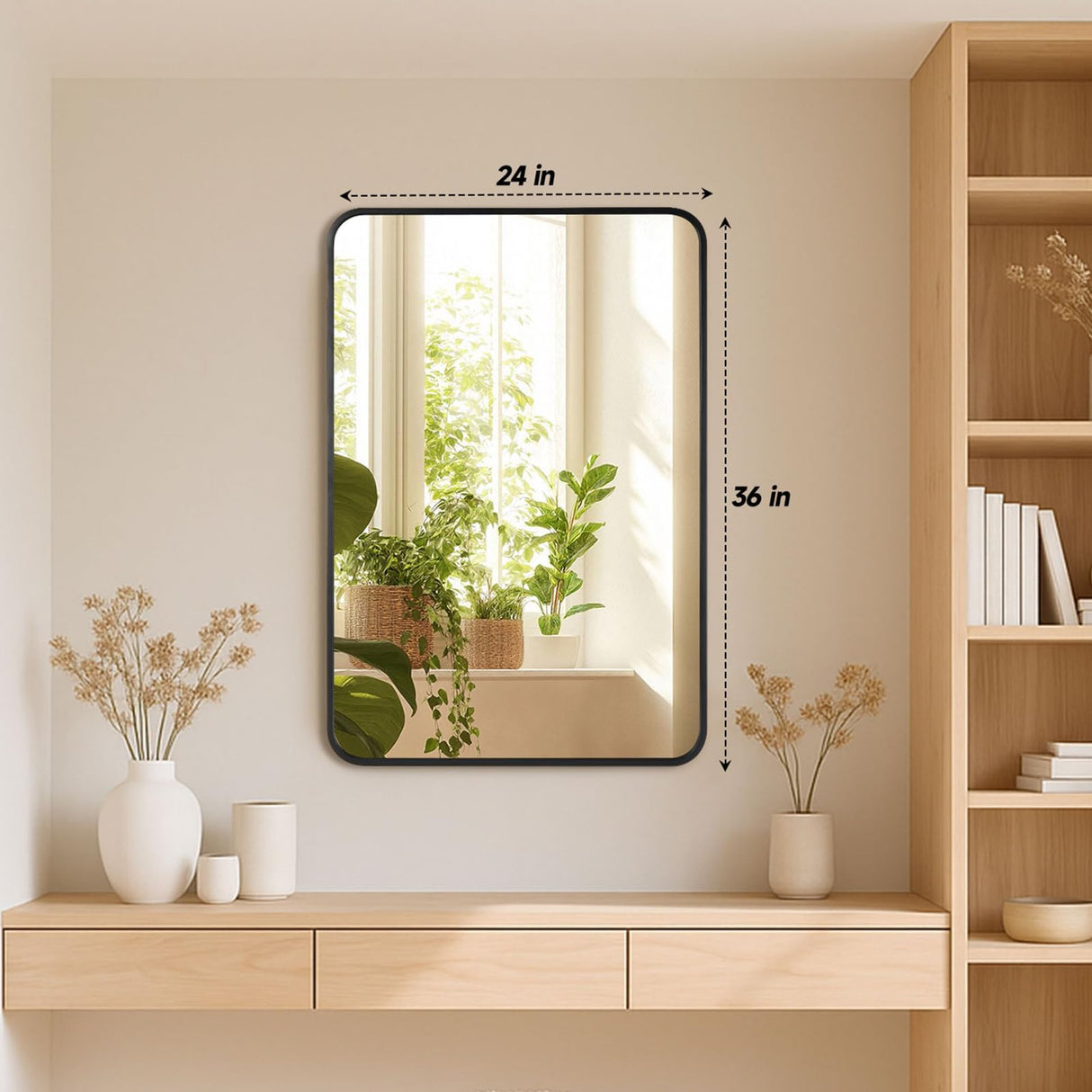 Black Metal Framed Bathroom Mirror 24x36 - Set of 2 Rounded Rectangle Vanity Mirrors