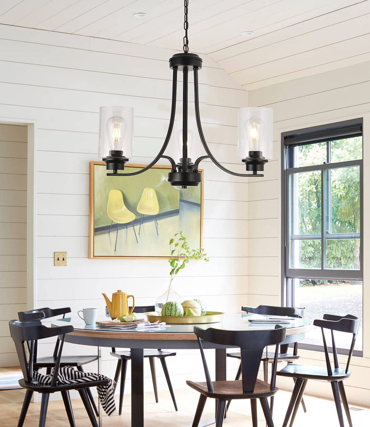 3 Lights Black Traditional Chandelier Rustic Kitchen Island Lighting Fixtures Hanging Clear