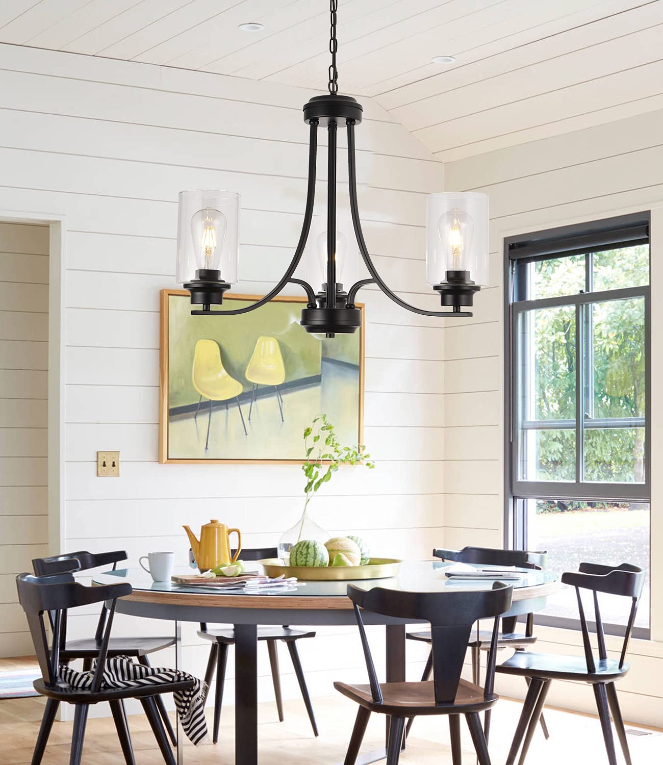 3 Lights Black Traditional Chandelier Rustic Kitchen Island Lighting Fixtures Hanging Clear