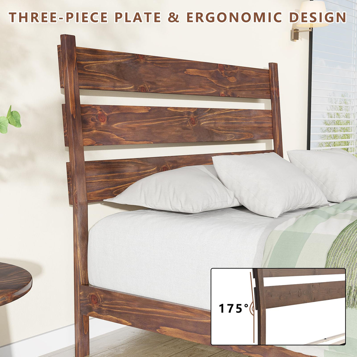 Solid Wood Bed Frame with Ergonomic Headboard, Full Size Mid Century Wooden