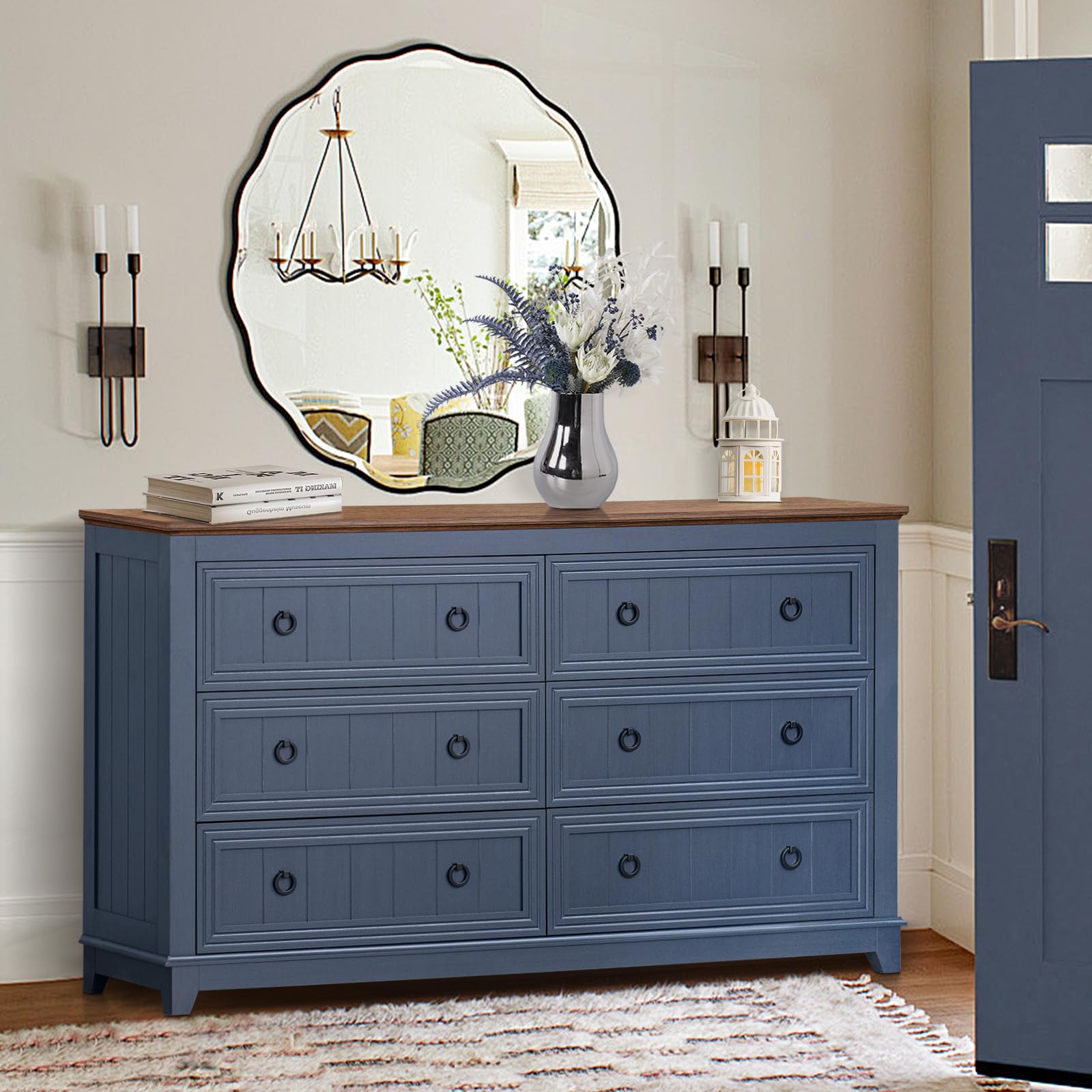 Farmhouse 6 Drawers Dresser for Bedroom, 58 Inch Wide Wood Dresser Chest of Drawers