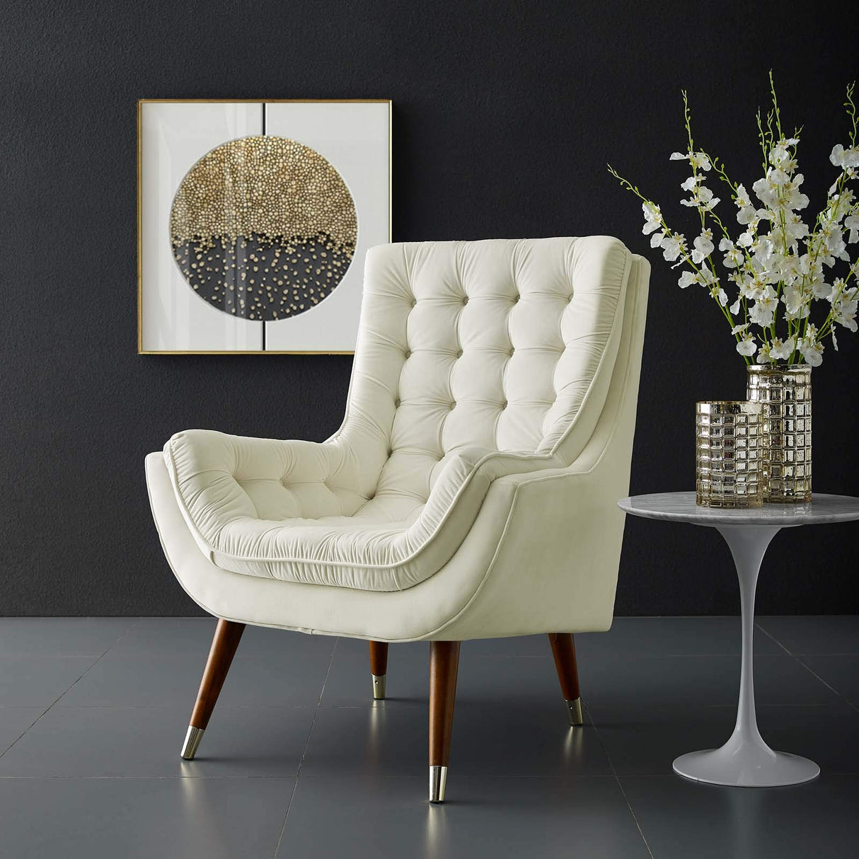 Suggest Button Tufted Upholstered Velvet Lounge Chair, Ivory