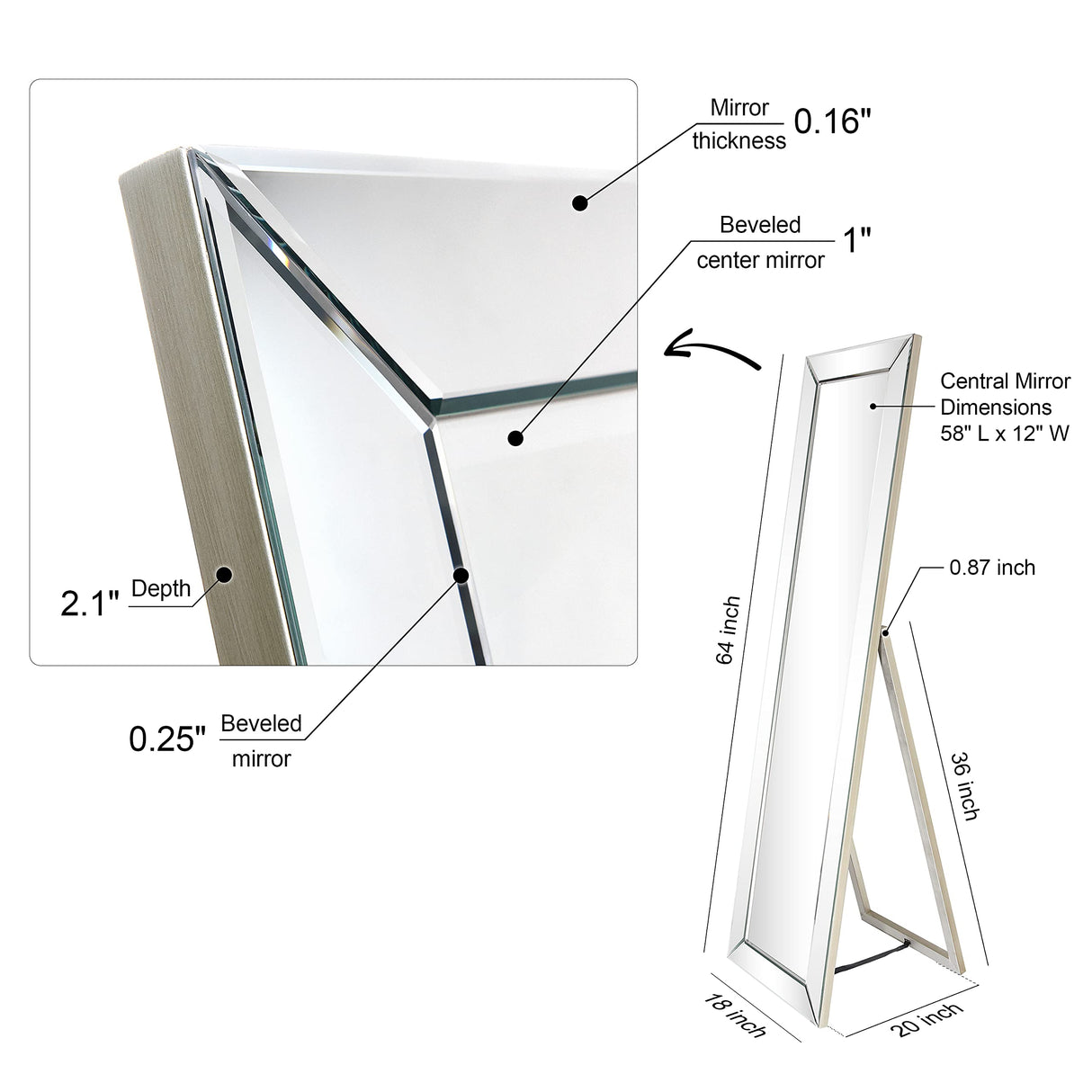 Empire Art Direct Moderno Cheval, Solid Wood Frame with 1"-Beveled Center Full Length Modern Mirror for Bathroom,Bedroom,Living Room,Ready to Stand on The Floor, 18" x 64", Clear