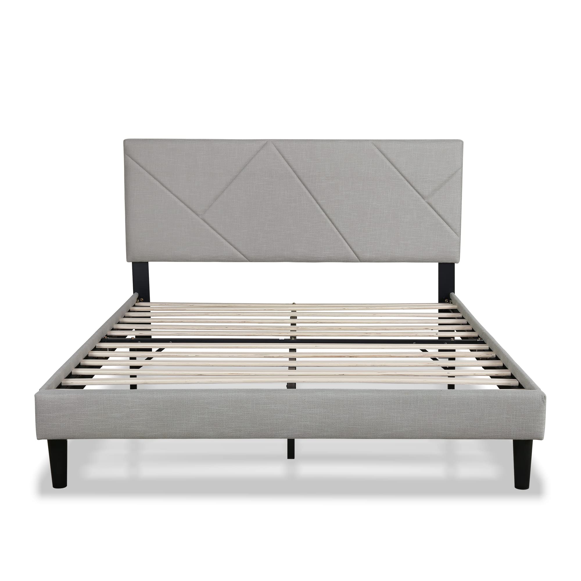 Queen Size Platform Bed Frame, Sqaure Upholstered Bed Frame with Headboard