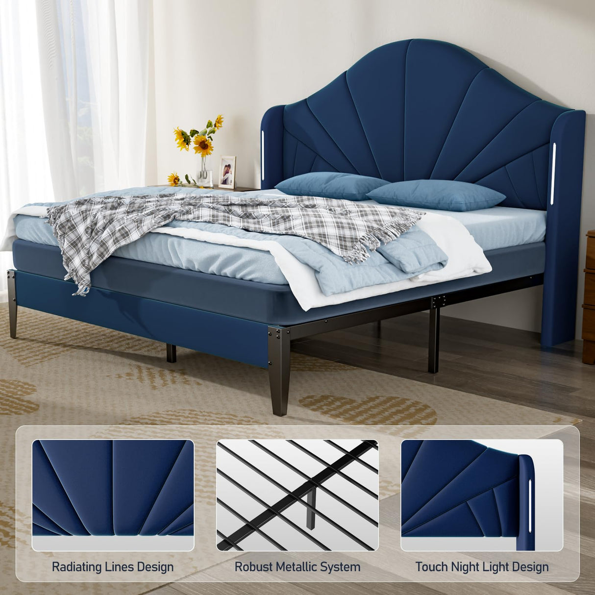 Full Bed Frame with LED Lights - Velvet Blue Upholstered Platform Bed