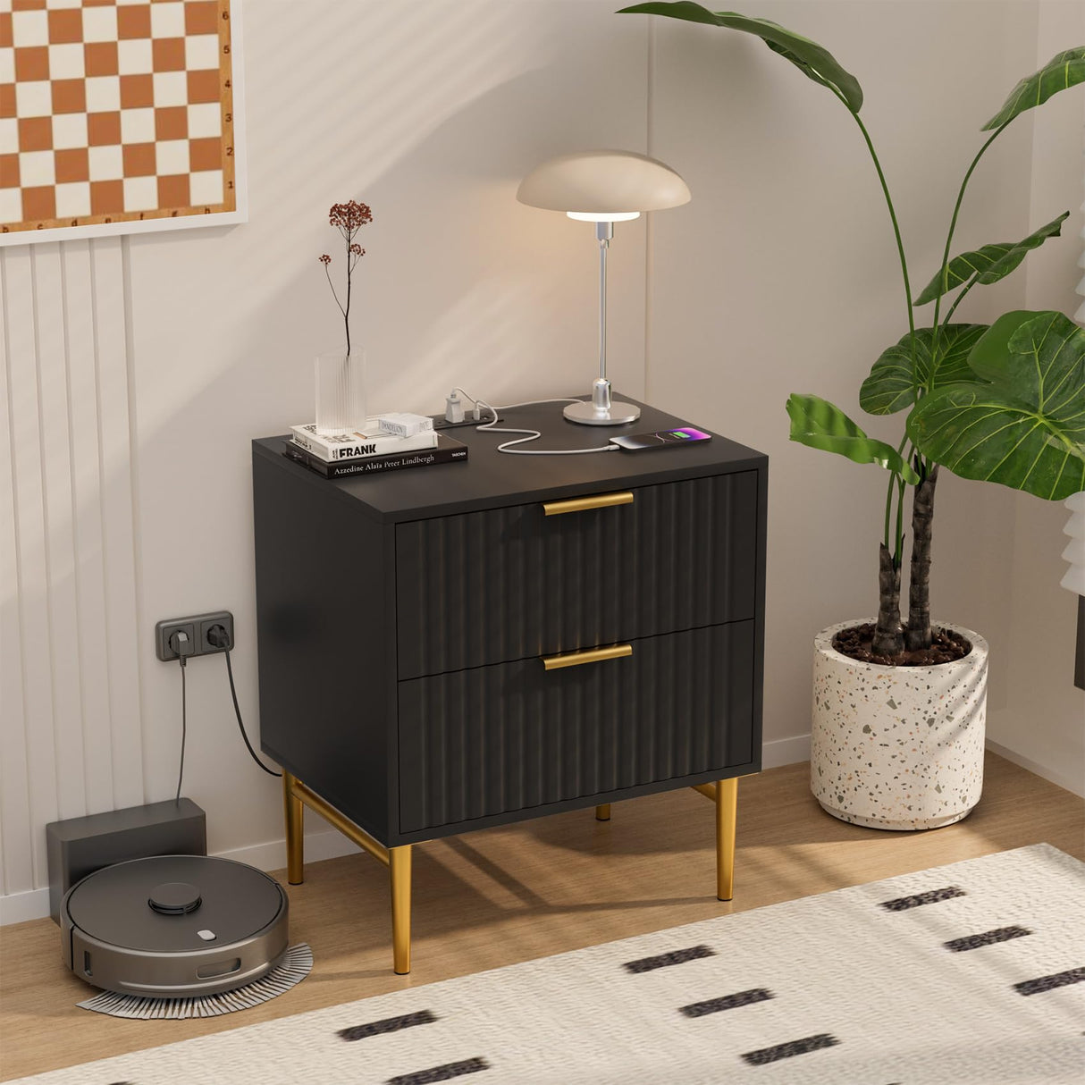 Black Nightstand Set of 2 with Charging Station, Fluted Nightstand with Drawers