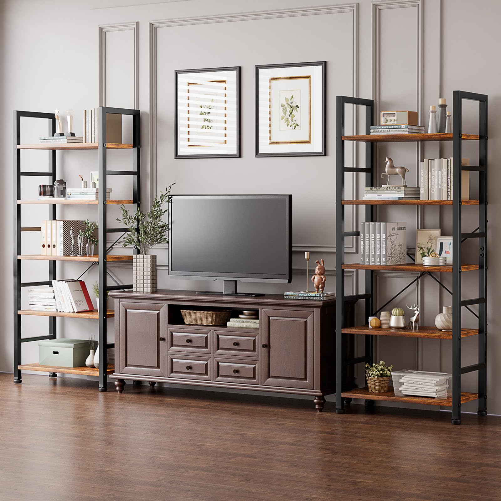 5-Tier Book Shelf Tall Modern Bookcase Set of 2 for Books, CDs, Movies, Storage and