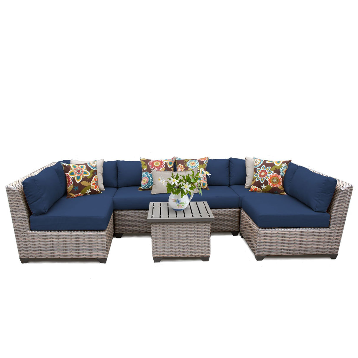 FLORENCE-07c-NAVY 7 Piece Outdoor Wicker Patio Furniture Set, Navy